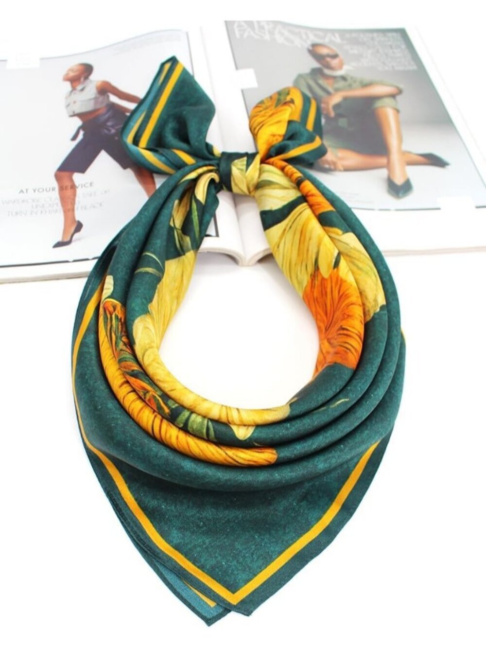 Women's Yellow Dark Green Houndstooth Scarf for Hair Digital Printed Headscarf - Picture 3 of 4